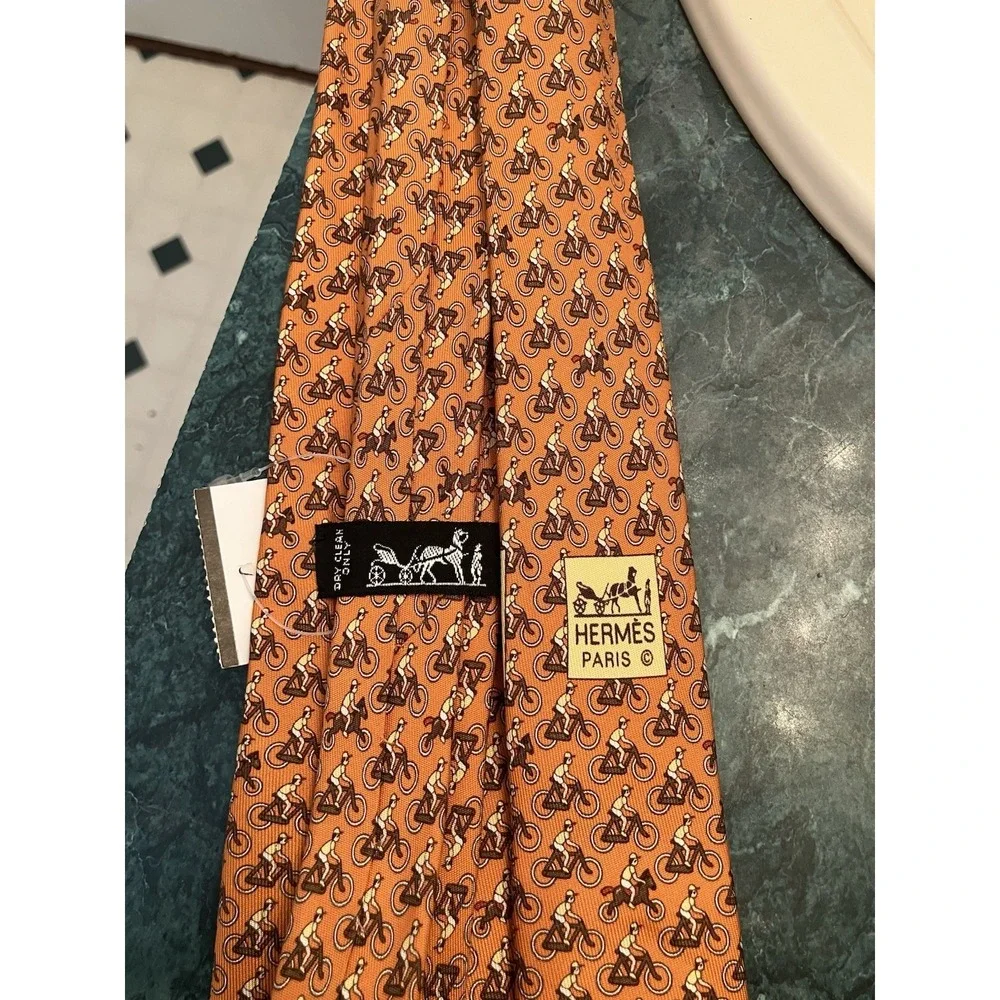 Hermes Paris Silk Tie Orange Bicycle Horse Novelty Print Made in France 5441 FA